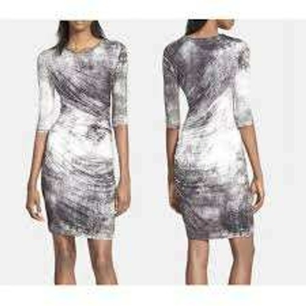 Helmut Lang NOVA Print Ruched Jersey Bodycon Dress Abstract Gray‎ Black Size XXS
